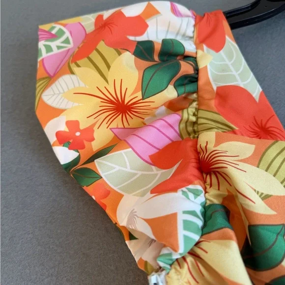 Tea n Cup Vibrant Floral Ruched Blouse - Orange, Green, White - Picture 3 of 10